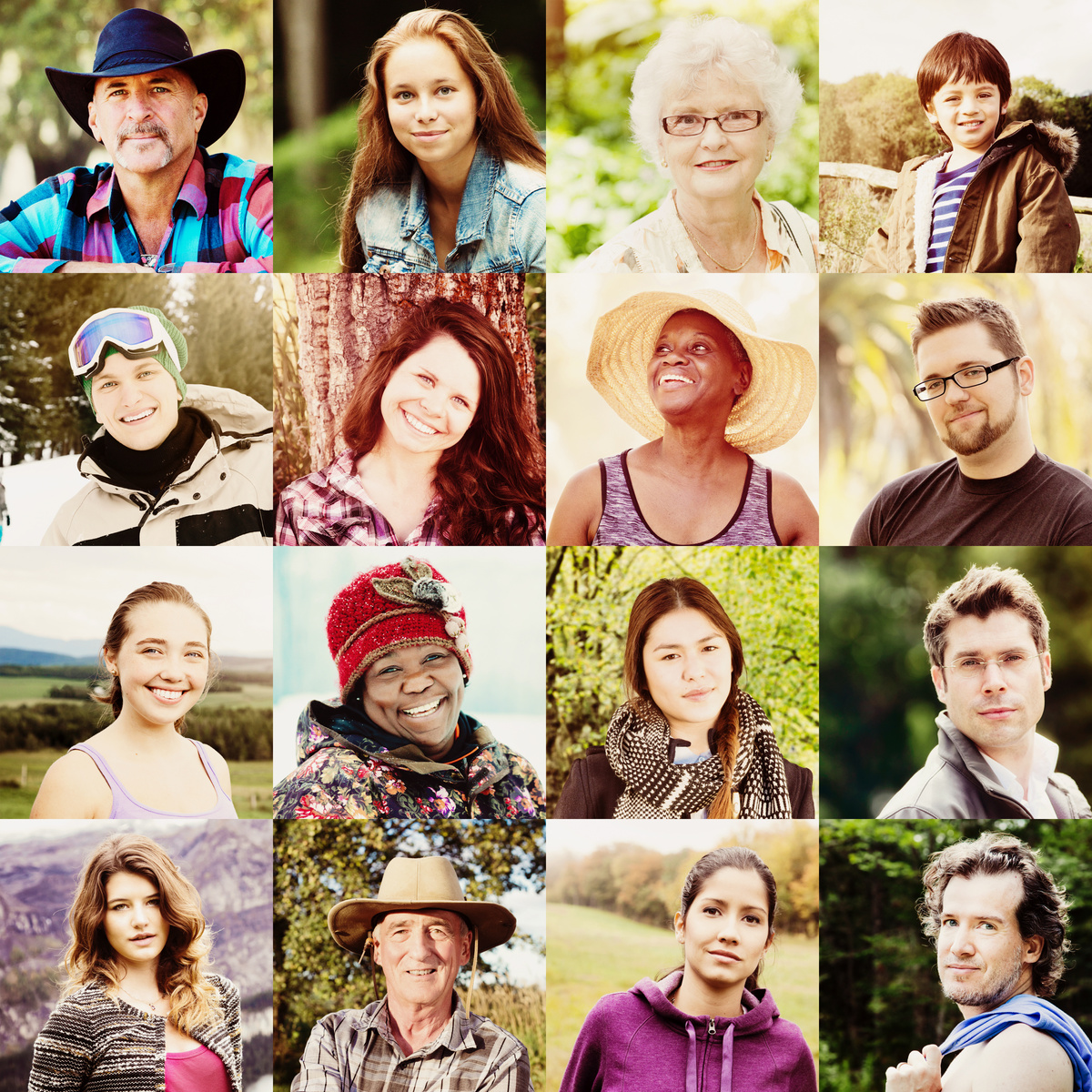 Multicultural people faces collage shot outdoors all seasons